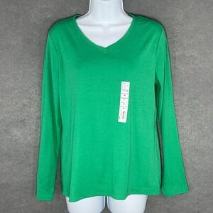 Croft & Barrow Classic Tee V Neck Long Sleeve Top Green Petite Size‎ PM